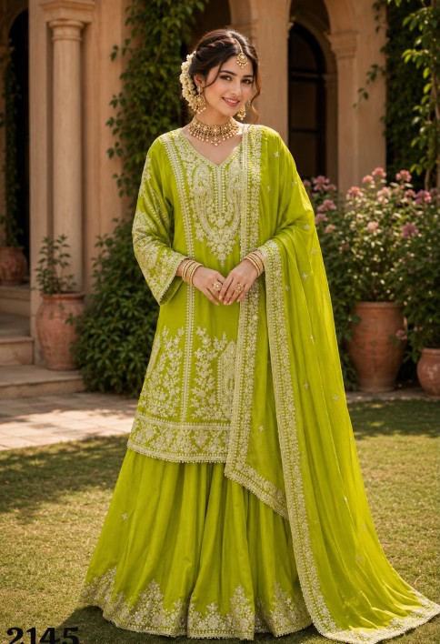 Green Chinon Palazzo Salwar Suit with Embroidered and Thread Work